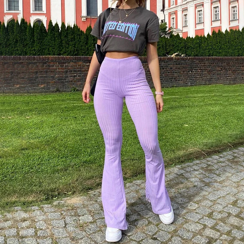 

Bomblook A20823P Fashion Bell-Bottom Pants 2021 NEW Arrival Solid Purple Fine Rib Skinny Pant Streetwear