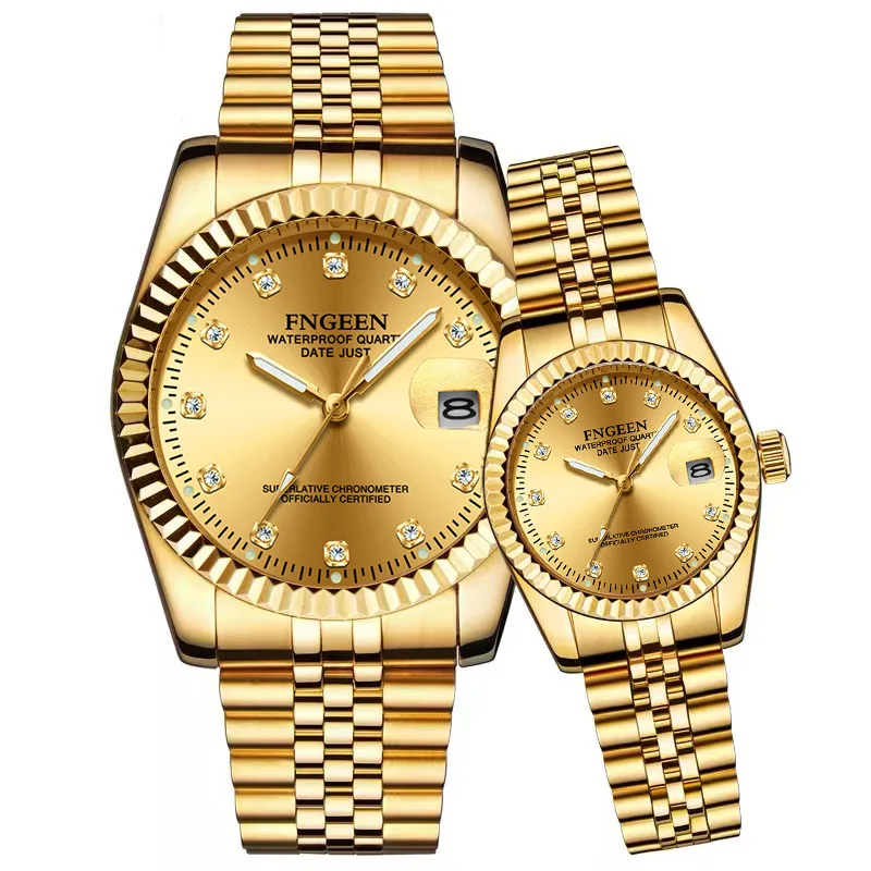 

FNGEEN 3301 Men Top Brand Luxury Business Couple Watch Waterproof High-end Crystal Gold Watch Quartz Calendar Clock Wristwatches