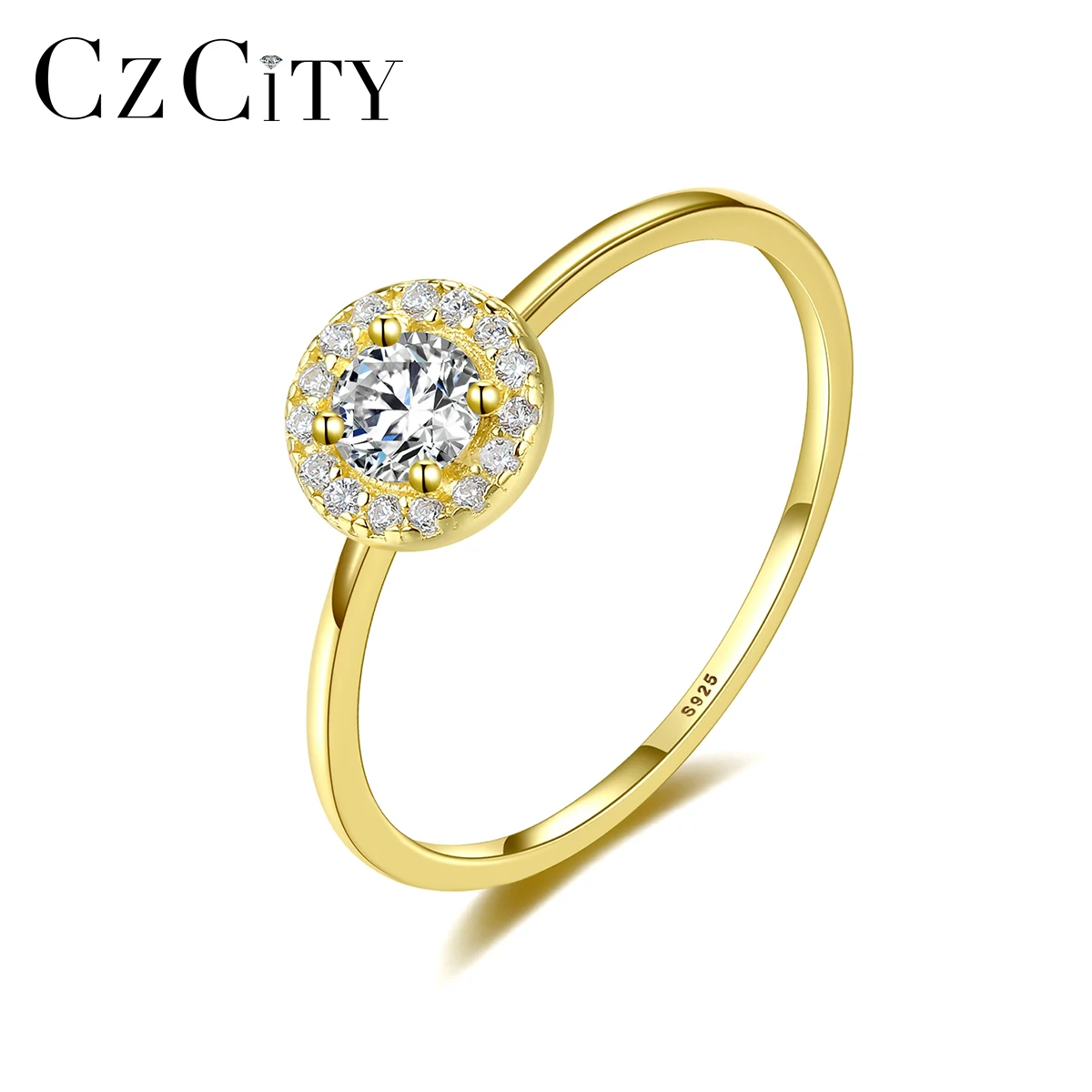 

CZCITY Dainty Gold Plated Sterling Silver Engagement Wedding Rings Cubic Zirconia Girls Fashion Ring
