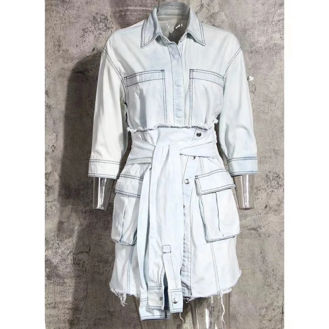 

Oudina French Spring Denim Skirt And Shirt Two Piece Suit Women Dress Skirt Sets Women 2 Piece Outfits, Blu