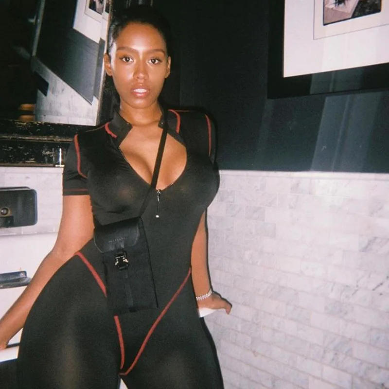 

A01618D Casual Fitness Short Sleeve Solid Rompers Womens Jumpsuit Zipper Sporty Workout Active Wear Bodycon Jumpsuits Summer