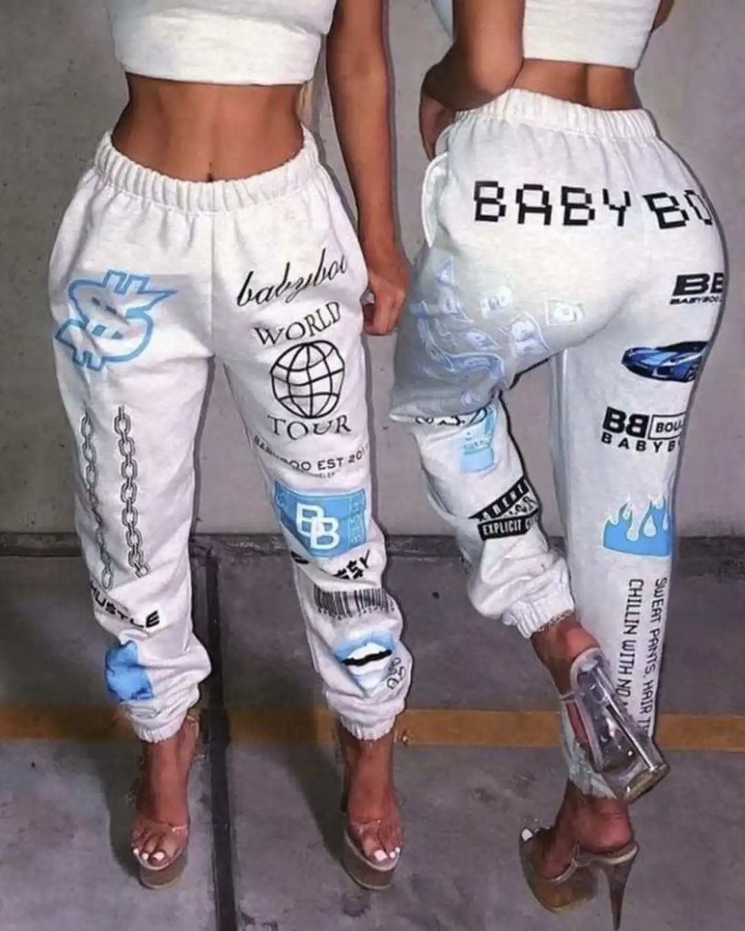 

hot 2021 new arrivals chic design fashion graphic joggers women high waist drawstring long pants with graffiti streetwear, 6 colors