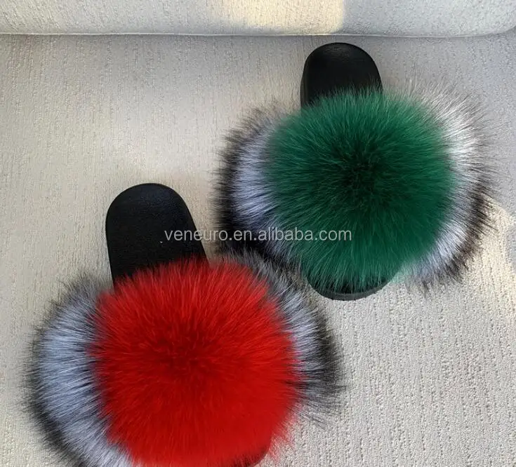 

Indoor or outdoor women customized logo fluffy fox fur slides fashion rainbow colorful fox fur slippers, Customized color
