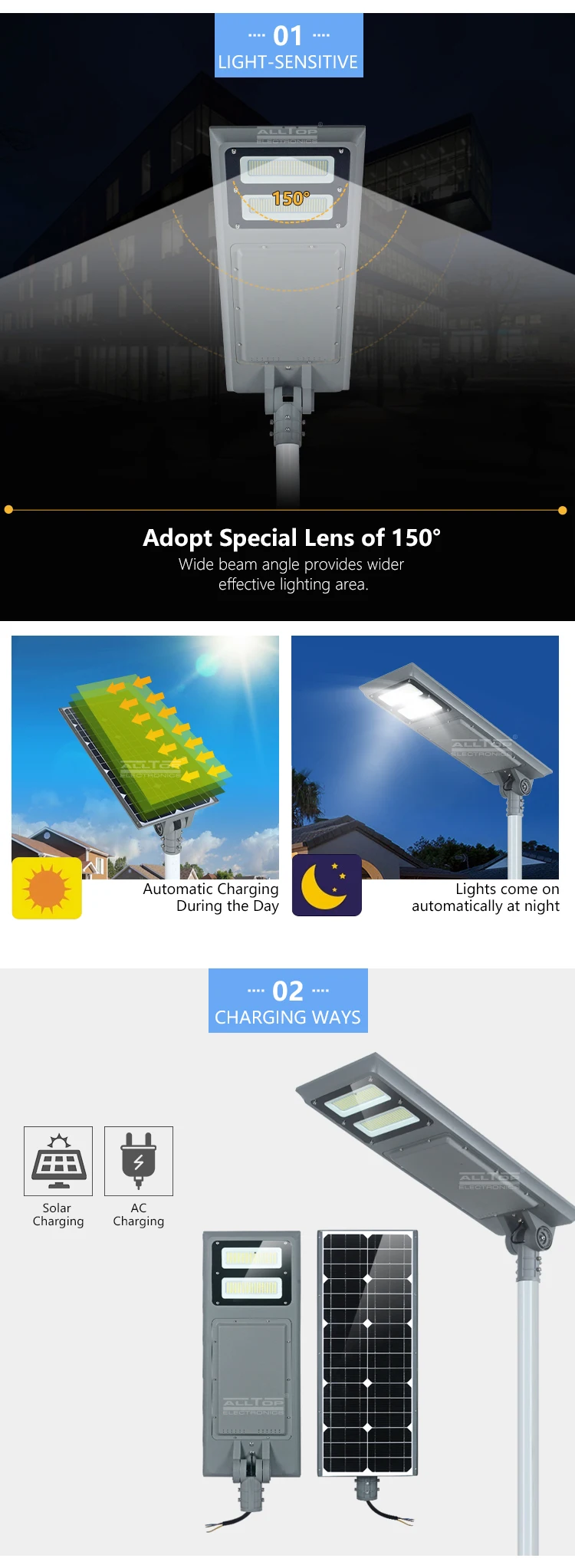 ALLTOP Outdoor lighting IP65 waterproof 100w integrated all in one led solar street light