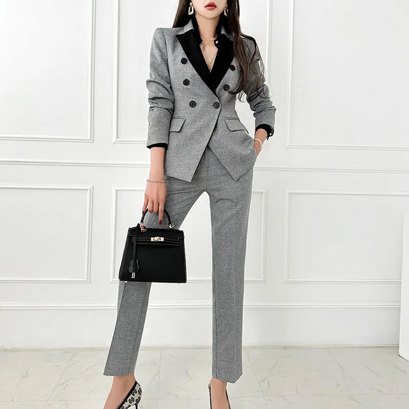 S-XL Casual Women's Clothing Set Autumn and Winter New Color Matching Suit Jacket Plaid Pants Two-piece Set