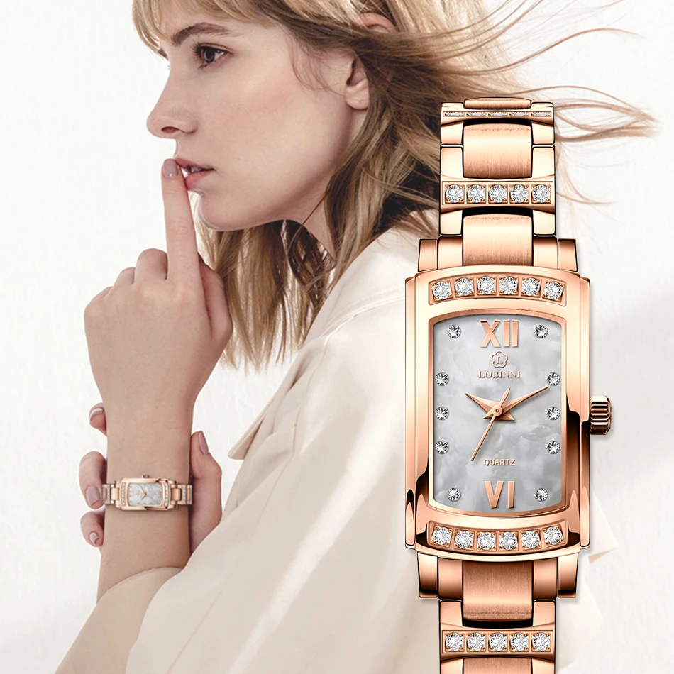 

LOBINNI quartz watch women ladies silver rose gold rhinestone diamond setting rectangle wrist watch quartz, 4 colors