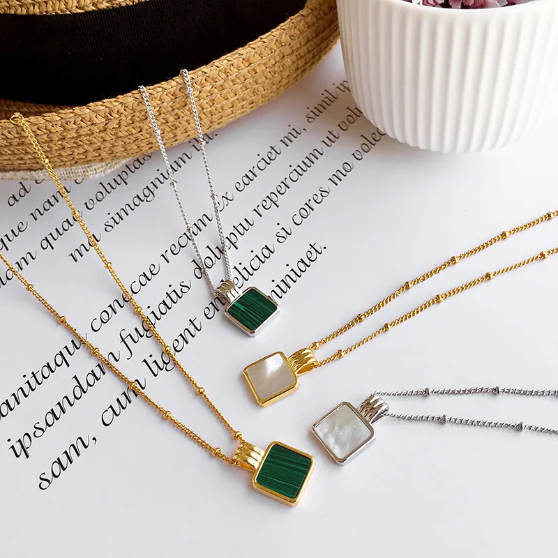 

Christmas' Gifts White Shell Malachite Rectangle Pendant Necklaces Gold Silver Beaded Chain Square Necklace For Party