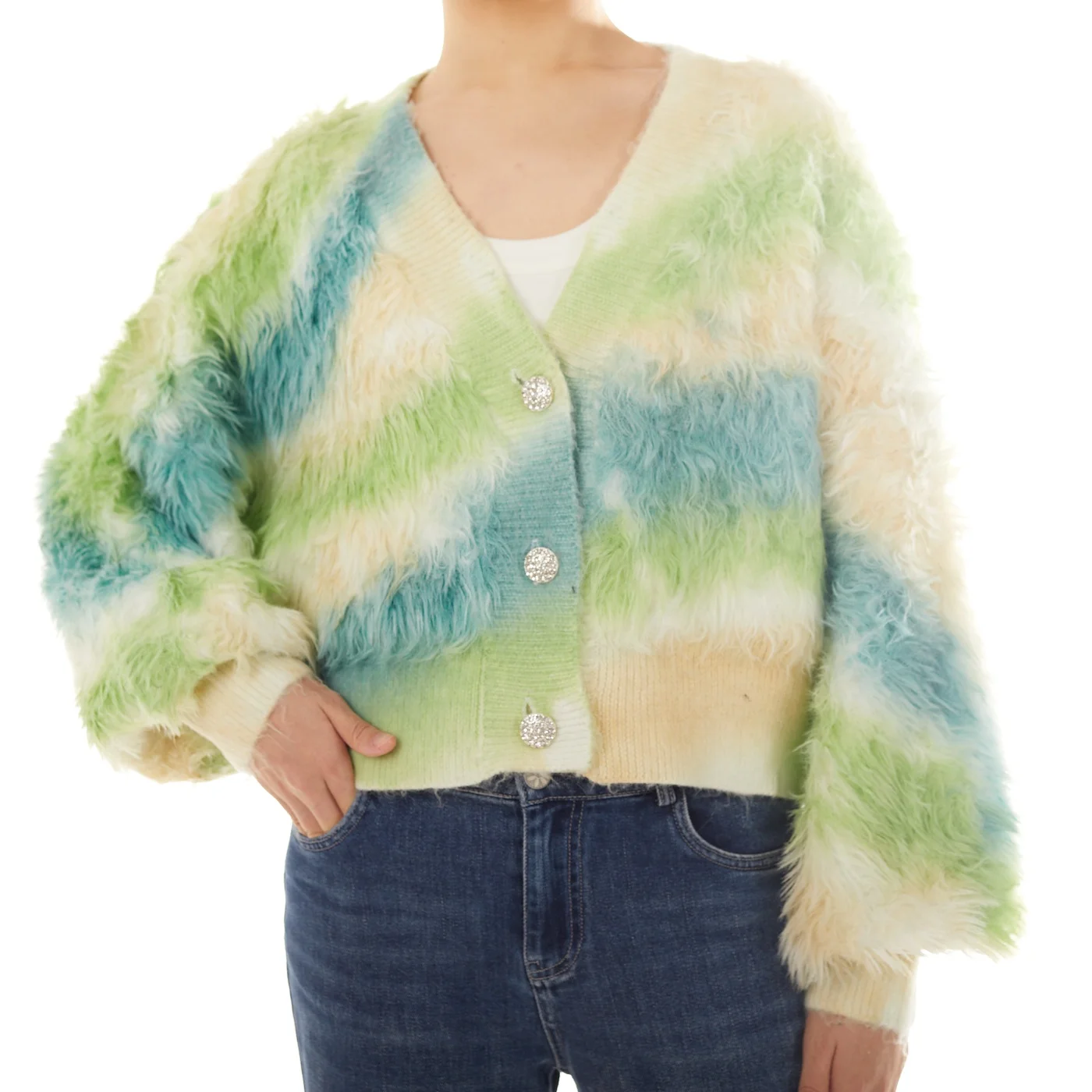 

Fuzzy Hot Color Blocking Mohair European American Clubwear Club Girls Short Crop Top Knitted Cardigan Women's Sweater, Green