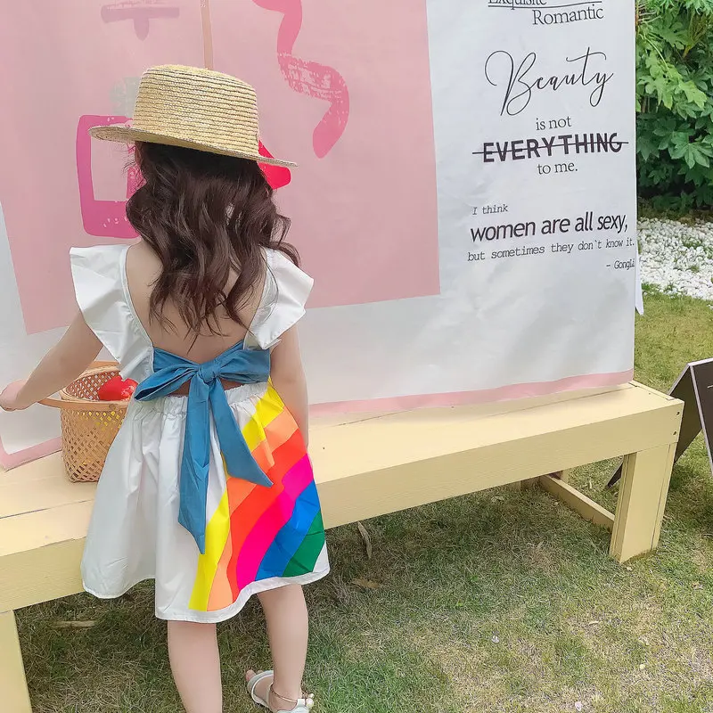 

2021 summer new girls skirt rainbow backless dress princess dress