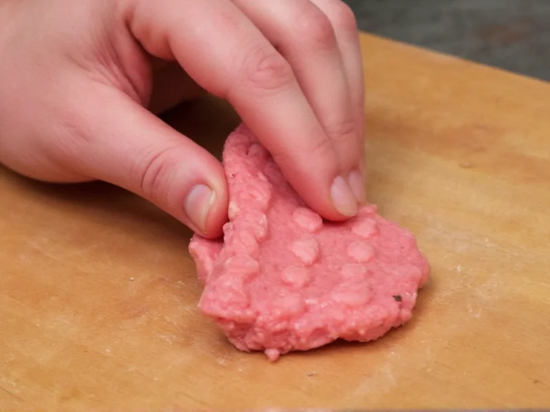 Hand shaping burger patties with dimple technique on wooden board