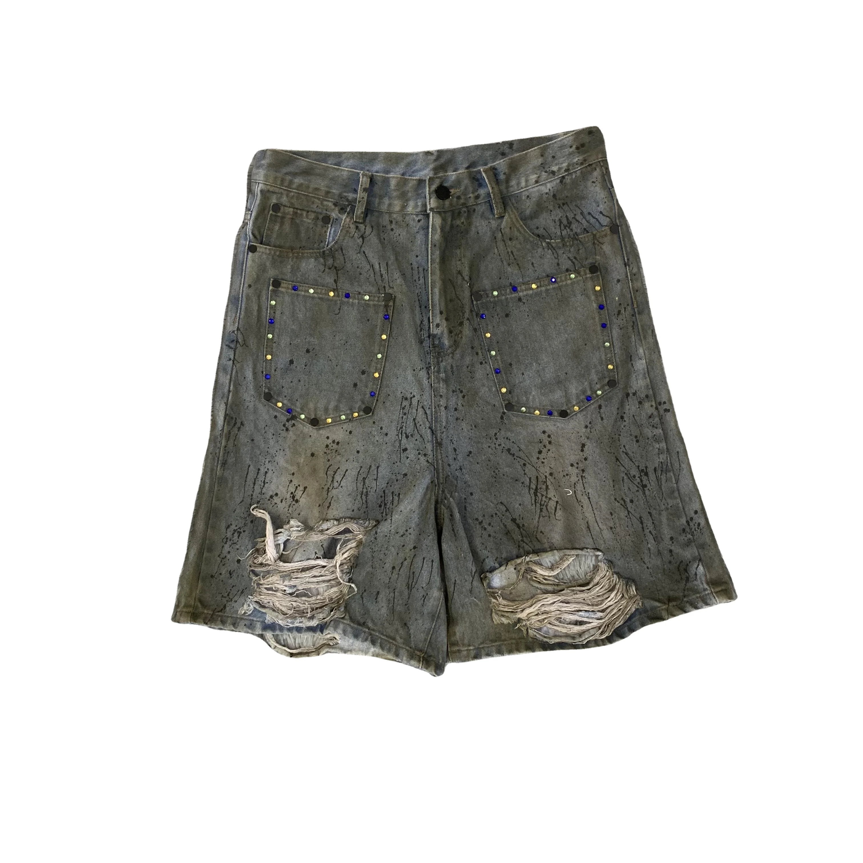 DENIMGUYS 2024 Fashion Men's Ripped Jeans Shorts Custom Spray Paint Dirty Mud Washed Distressed Denim Shorts
