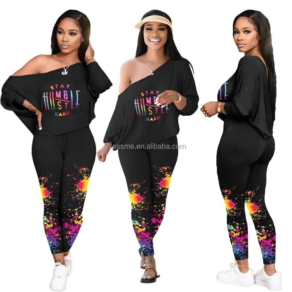 

MT379-8333 2021 wholesale fashion printed diagonal shoulder casual sports pants suit women's sexy two-piece suit
