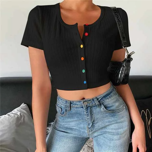 

Fashion Trend New Color Button Short Female Summer T-shirt, Picture color