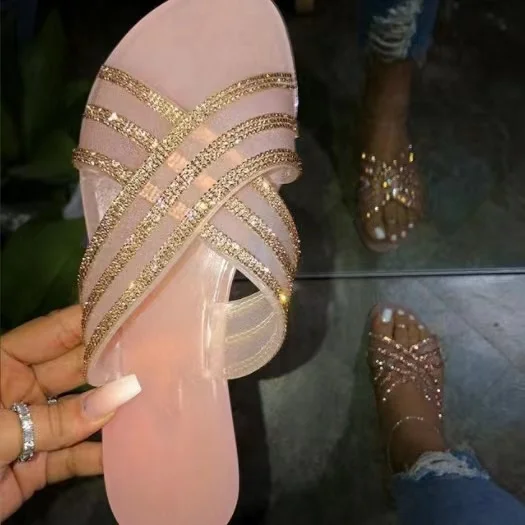 

Outdoor Shoes Rhinestone Flat Summer Beach Jelly Slide Slippers Sandals For Women