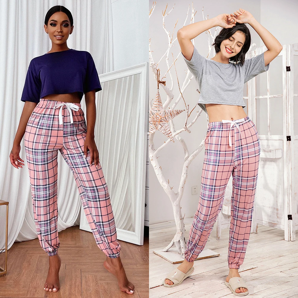 

Private label sexy crop top pink plaid pants boutique clothes women sheep wear loungewear nightwear pajamas sets for ladies, Navy blue, gray