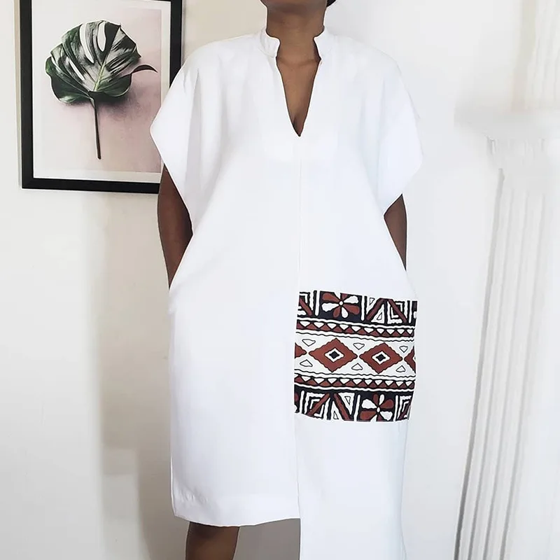 

Dress short sleeve stitching print irregular hem Midi skirt white boho elegant maxi plus size women t shirt dress with pocket
