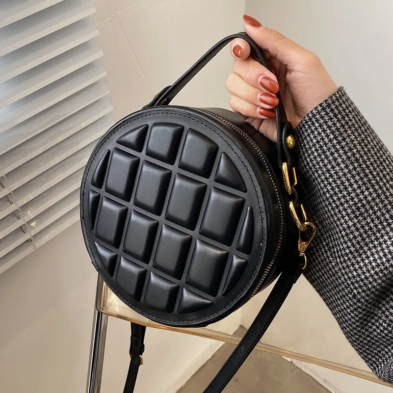 

2021 Luxury Design Women Handbags Square Lattice Round Lady Sling Bag Pu Leather Crossbody Handbags, As picture