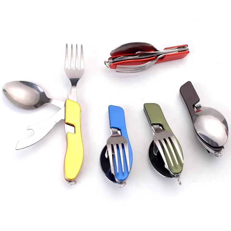 

4in1 Foldable Stainless Steel Outdoor Tableware Travel Camping Cutlery Kit Set Fork Spoon Can Opener