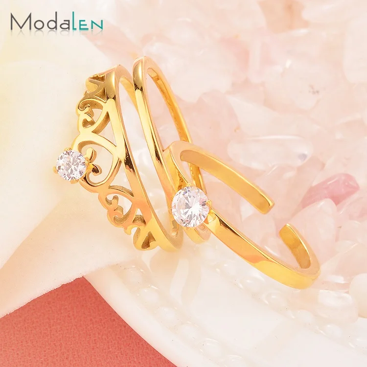 

Modalen 2 in 1 Wholesale Stone Crown Gold Womens Stainless Steel Rings, More color for your chosoing