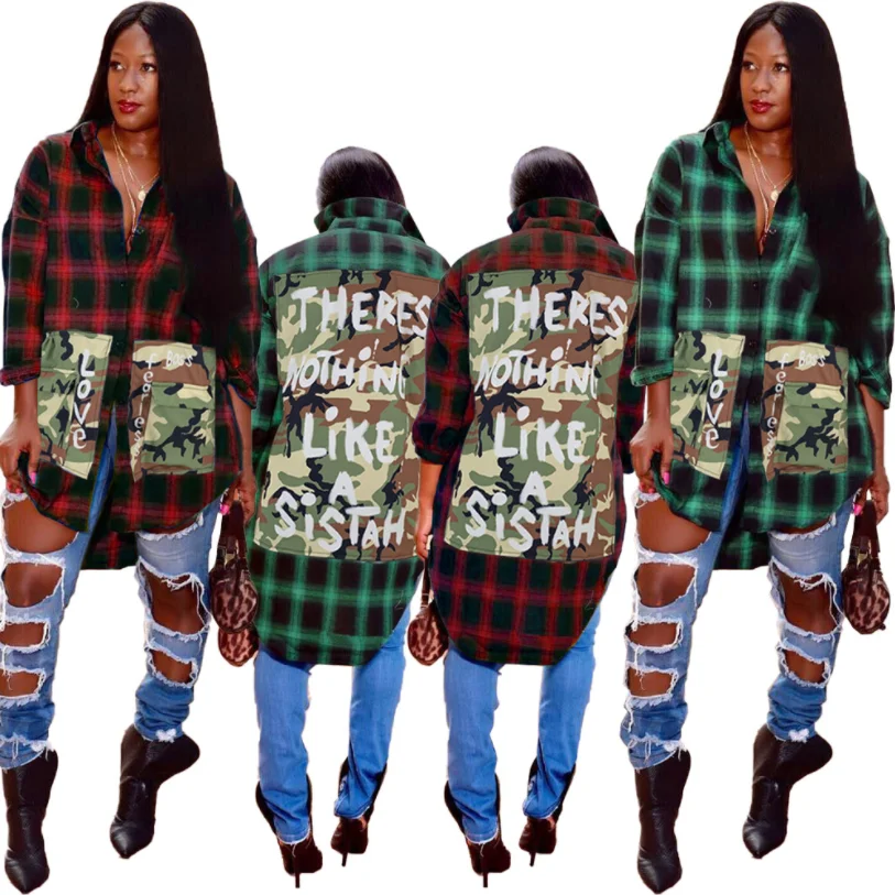 

Clothing vendor women casual green plaid letter polo long blouse women tshirt dress
