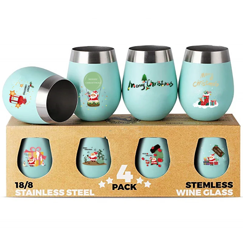 

Christmas gift tumbler 12oz Double wall stainless metal mug Insulated Wine Tumbler stemless steel wine tumbler, Customized color