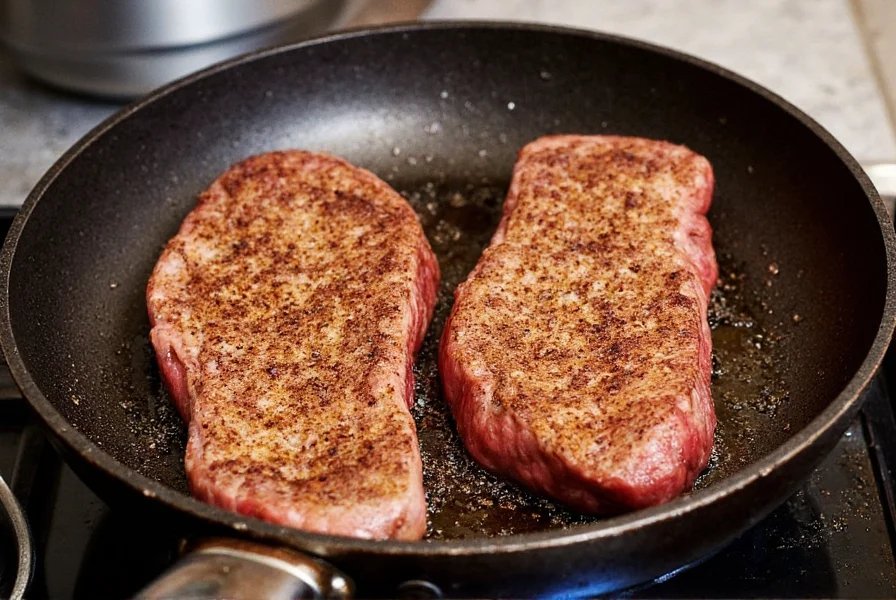 Steak being cooked in a pan