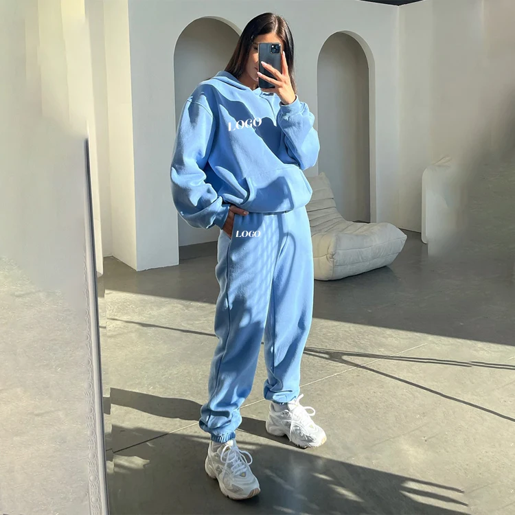 

2023 high quality organic cotton tracksuit sweatsuit set for ladies custom fleece two piece hoodie and pants set women