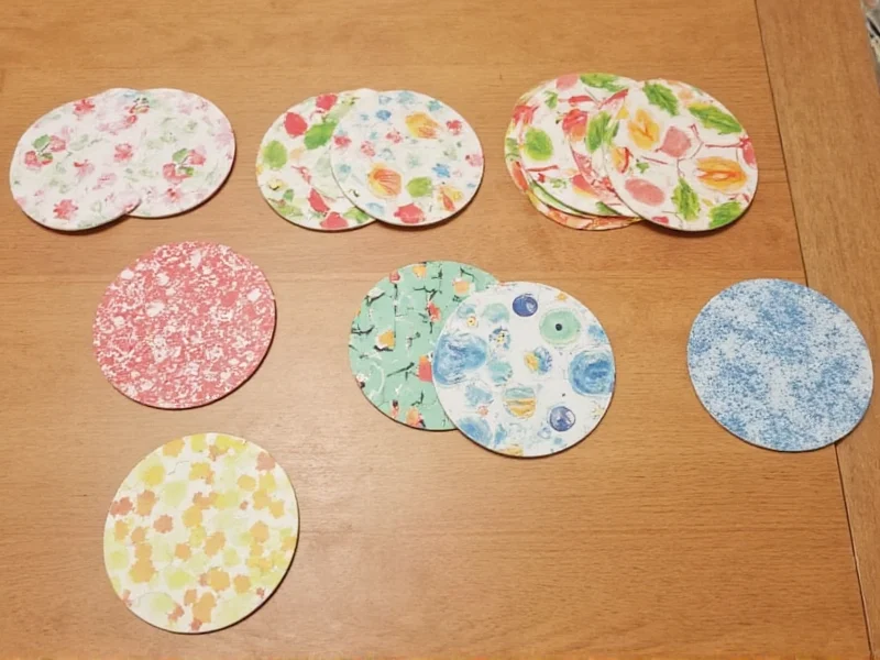 Colorful leaf print coasters on wooden table