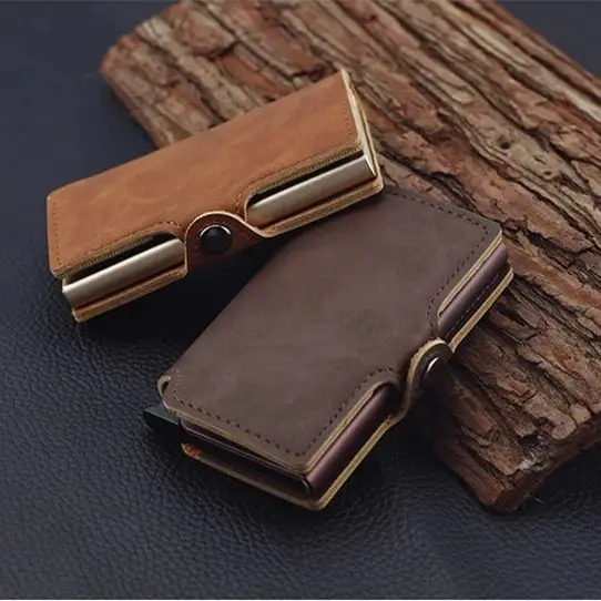 

Vintage pu leather credit card holder rfid steel wallet retractable id card holder rfid blocker wallet for men leather