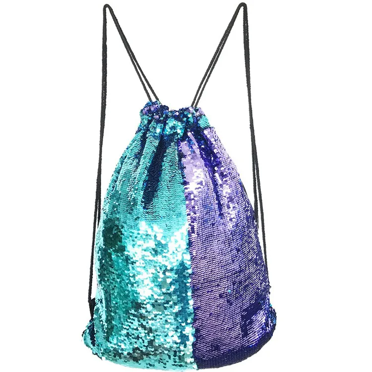 

Heavy Duty Camping Sports Equipment Gym Backpack Beach String Sequin Drawstring Backpack, Blue- purple or custom