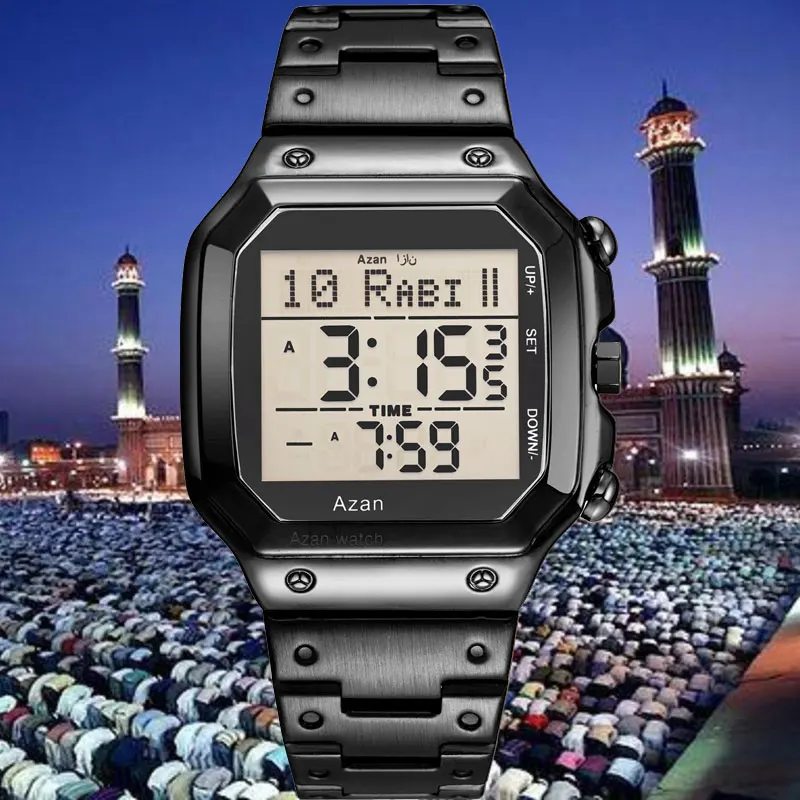 

Arabic Watches Stainless Steel Digital Watches Islamic Qibla Direction Al Azan Wrist Watch for Muslim Prayers azan clock islamic