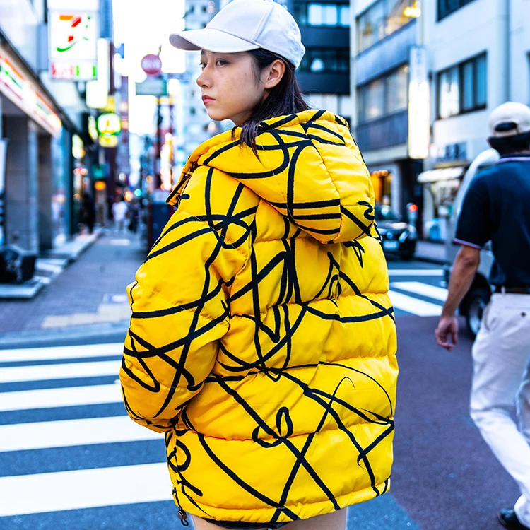 

AND American tops long sleeve all over graffiti print streetwear stylish mens jackets hooded bubble winter coats for women, 2 colors