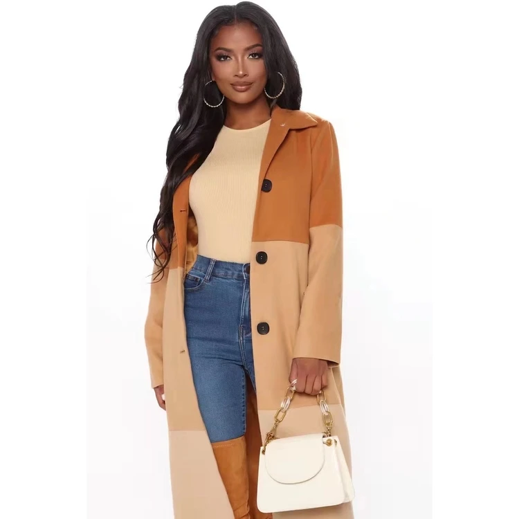 

Autumn and Winter Coat Plus Size Women's Woolen Colorblock Detachable Coat Women's Mid-length Windbreaker, Picture