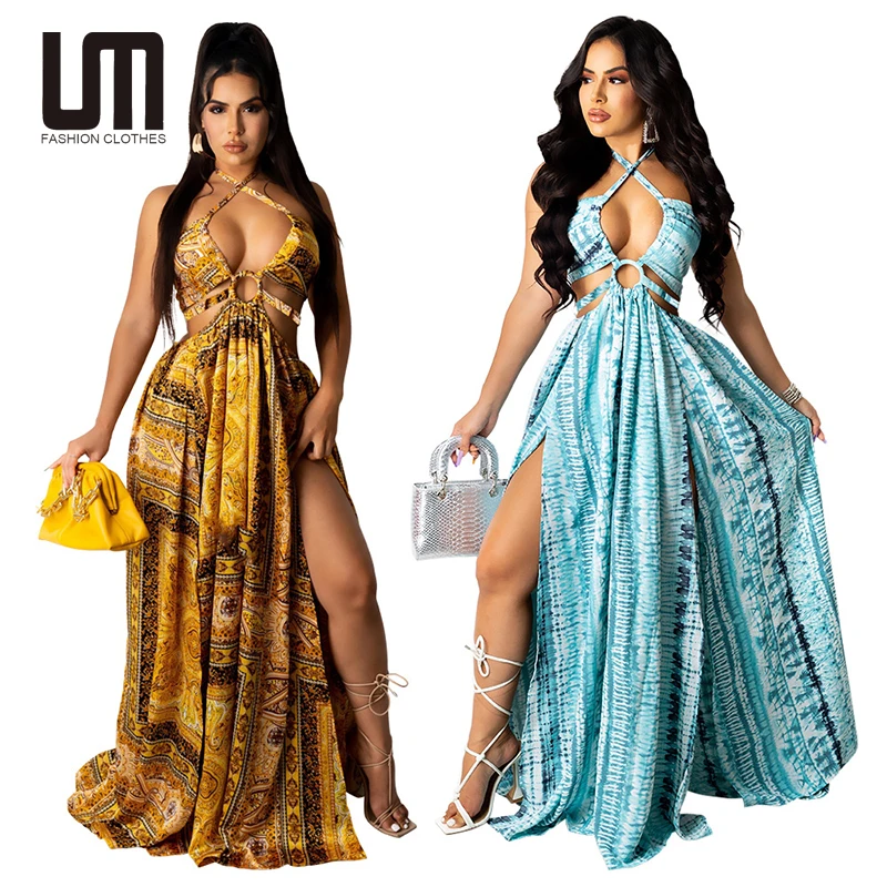 

Liu Ming Womens Halter Neck Cut Out High Slit Boho Printed Backless Beach Long Maxi Dresses, Customized color