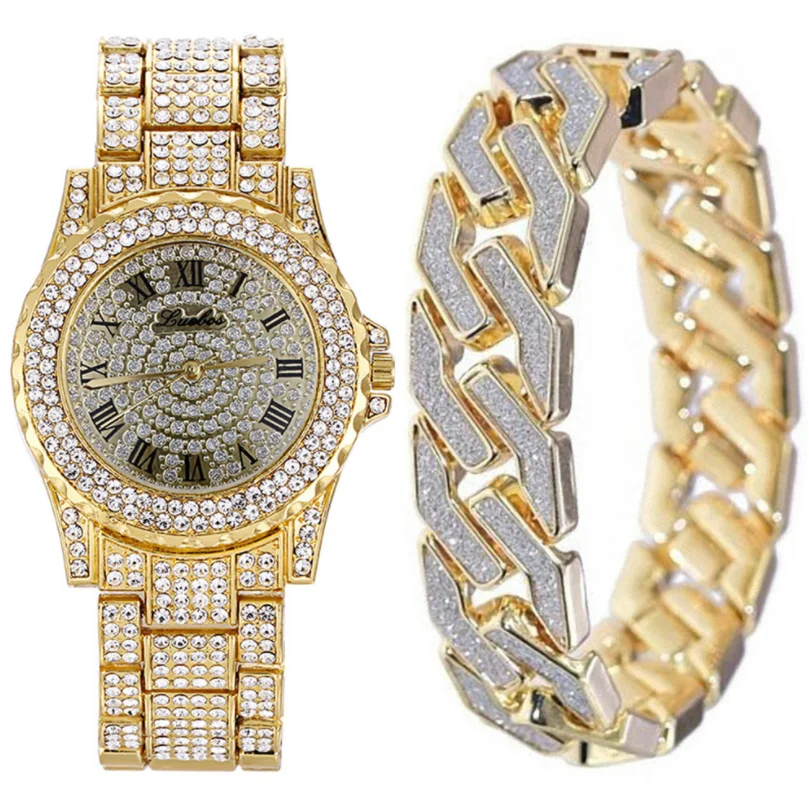 

Women Iced Out Diamond Watch Starry Luxury Bracelet Set Gold Watches Ladies Stainless Steel Band Quartz Wristwatch, Glod,silver,rose gold