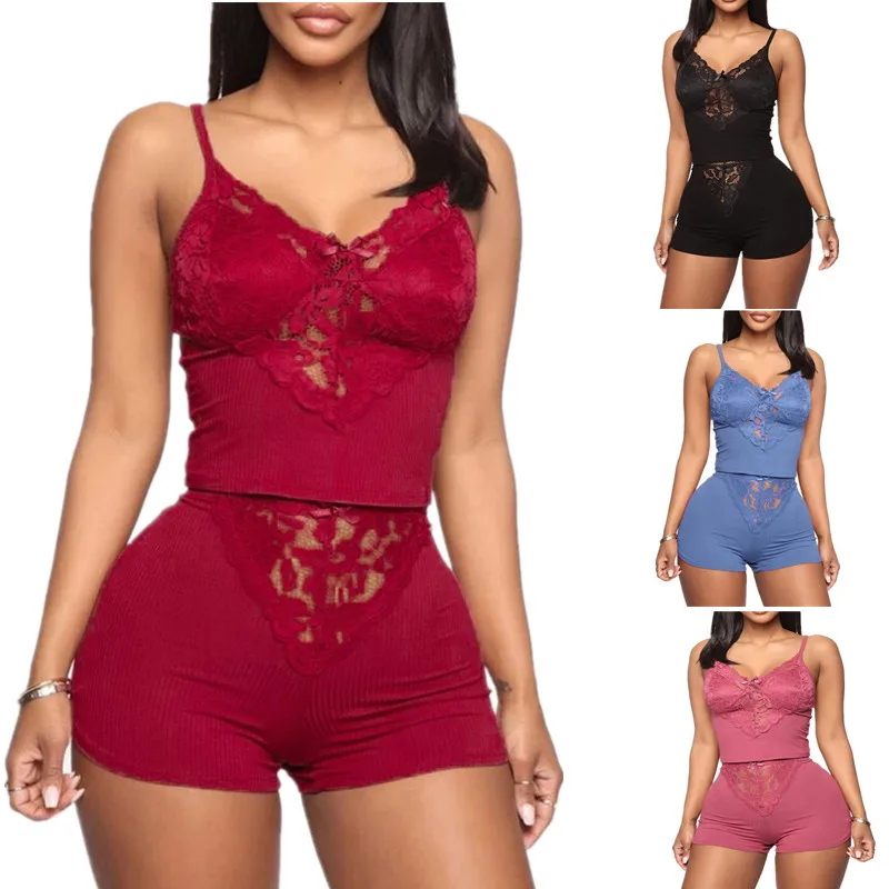 

Valentines day lingerie women sexy underwear Lace Lingerie Sleepwear Stretchy Plain Ribbed Shorts Two Piece Pyjama Set, 4 colors