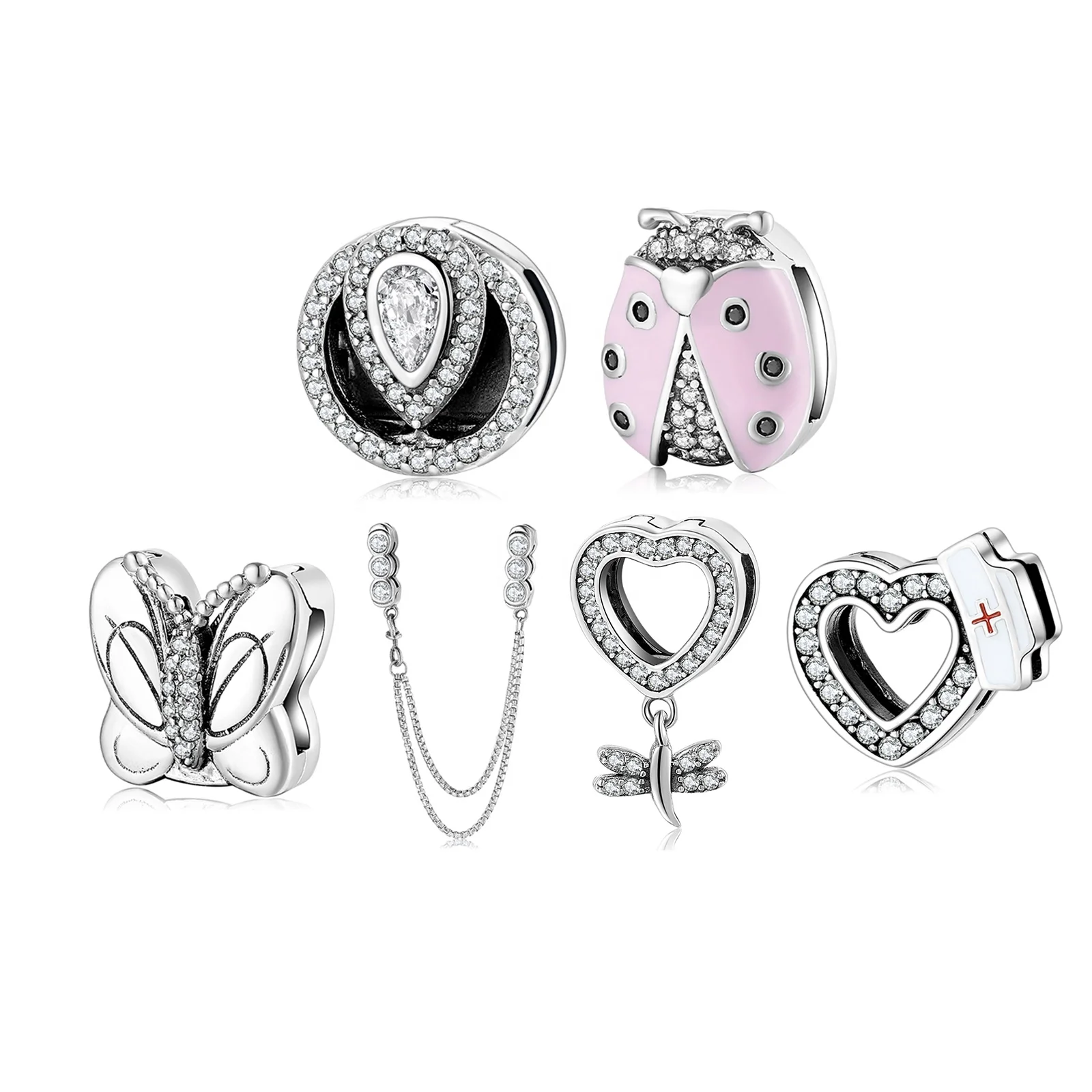 

Real 925 sterling silver Nurse hat Heart Clips Beads with Clear CZ Bead Charms for Reflection Bracelet Wholesale jewelry