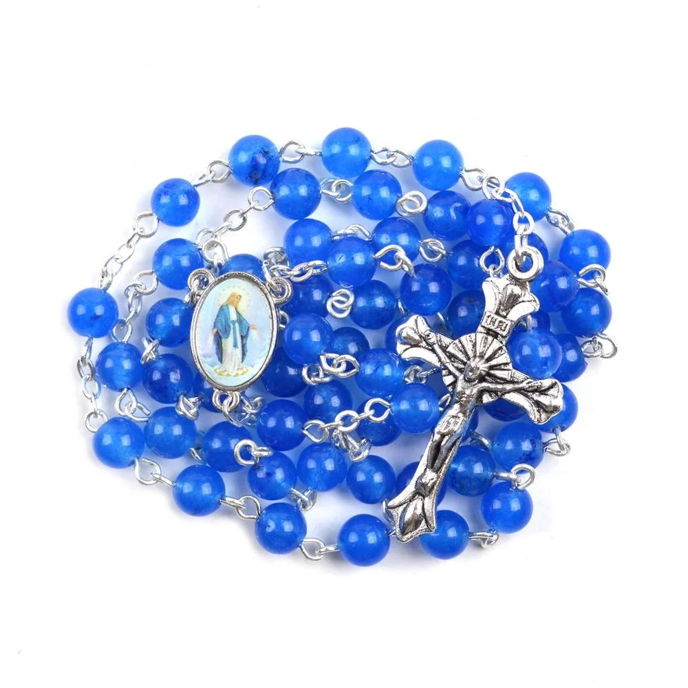 

Blue Agate 6mm Beads St Mary Our Lady of Fatima Religious Natural Stone Rosary Necklace