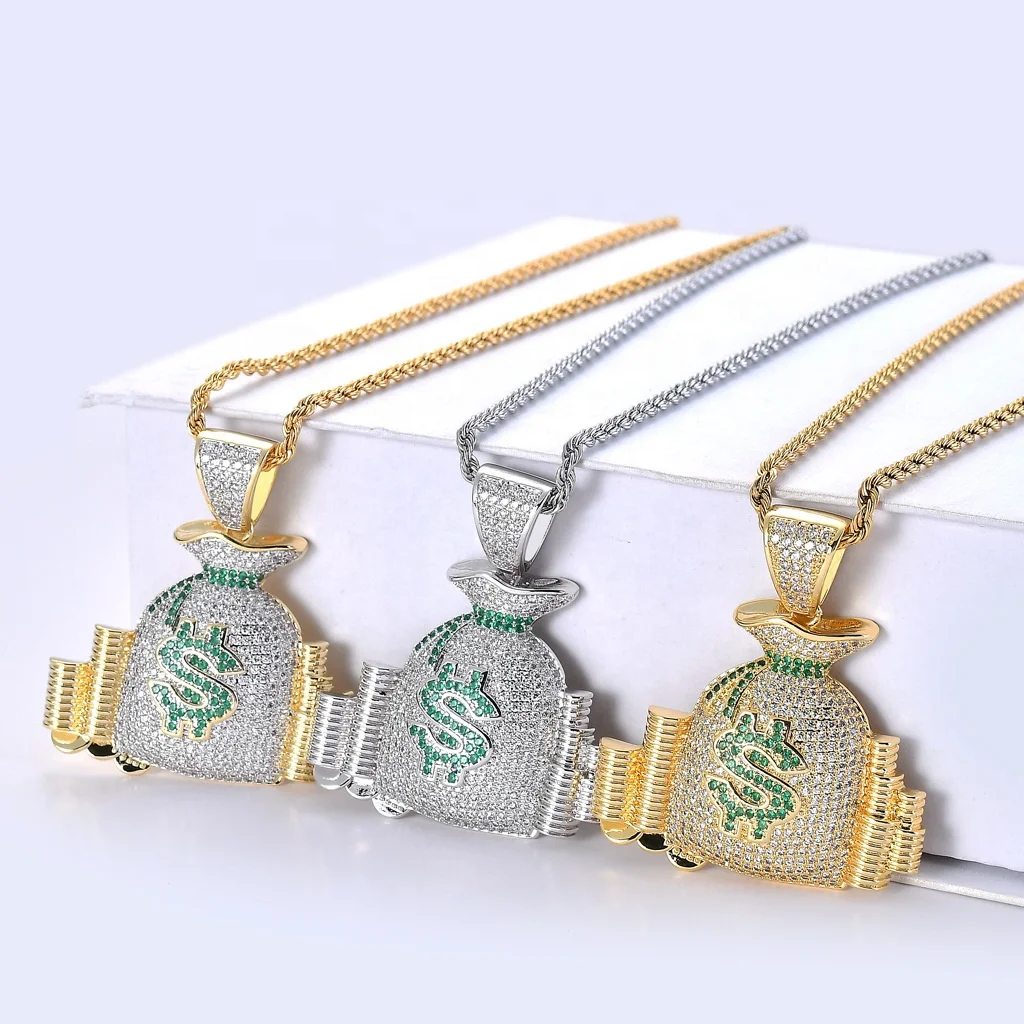 

TOPGRILLZ Iced Out Pendant US Dollar Money Style 14K Gold Plated Cubic Zircon Necklace for Men Women Hip Hop Rock Jewelry Gifts