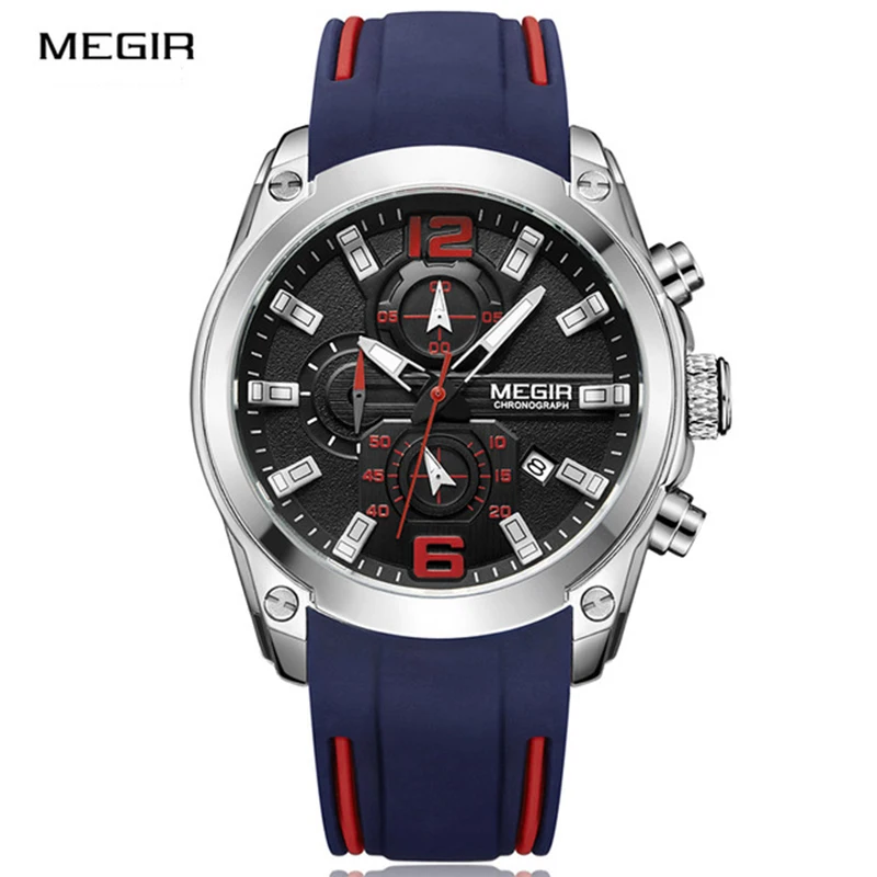 

MEGIR 2063 Silicone Band Waterproof Chronograph Watches Luxury Quartz Analog Black Sports Minimalist Wristwatches
