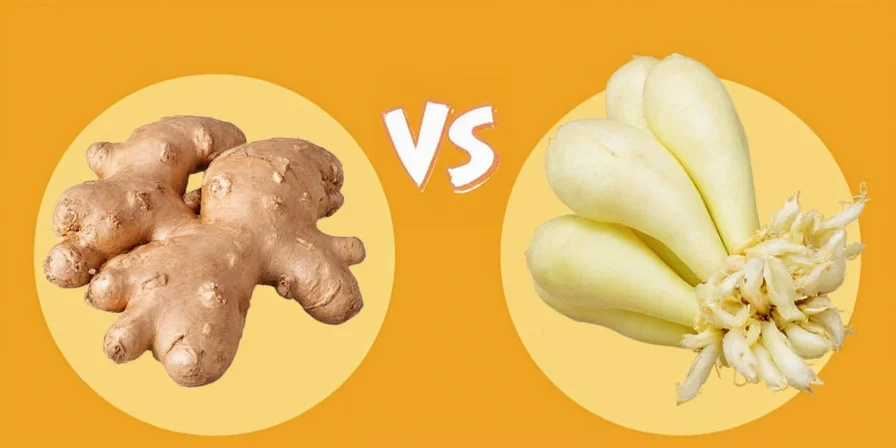 Close-up comparison of ginger and galangal slices