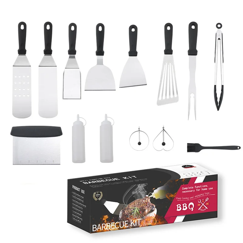 

Amazon Hot Selling Stainless Steel Grill Spatula Set Restaurant Cooking Turner Scraper BBQ Griddle Accessories Tools Kit, As shown