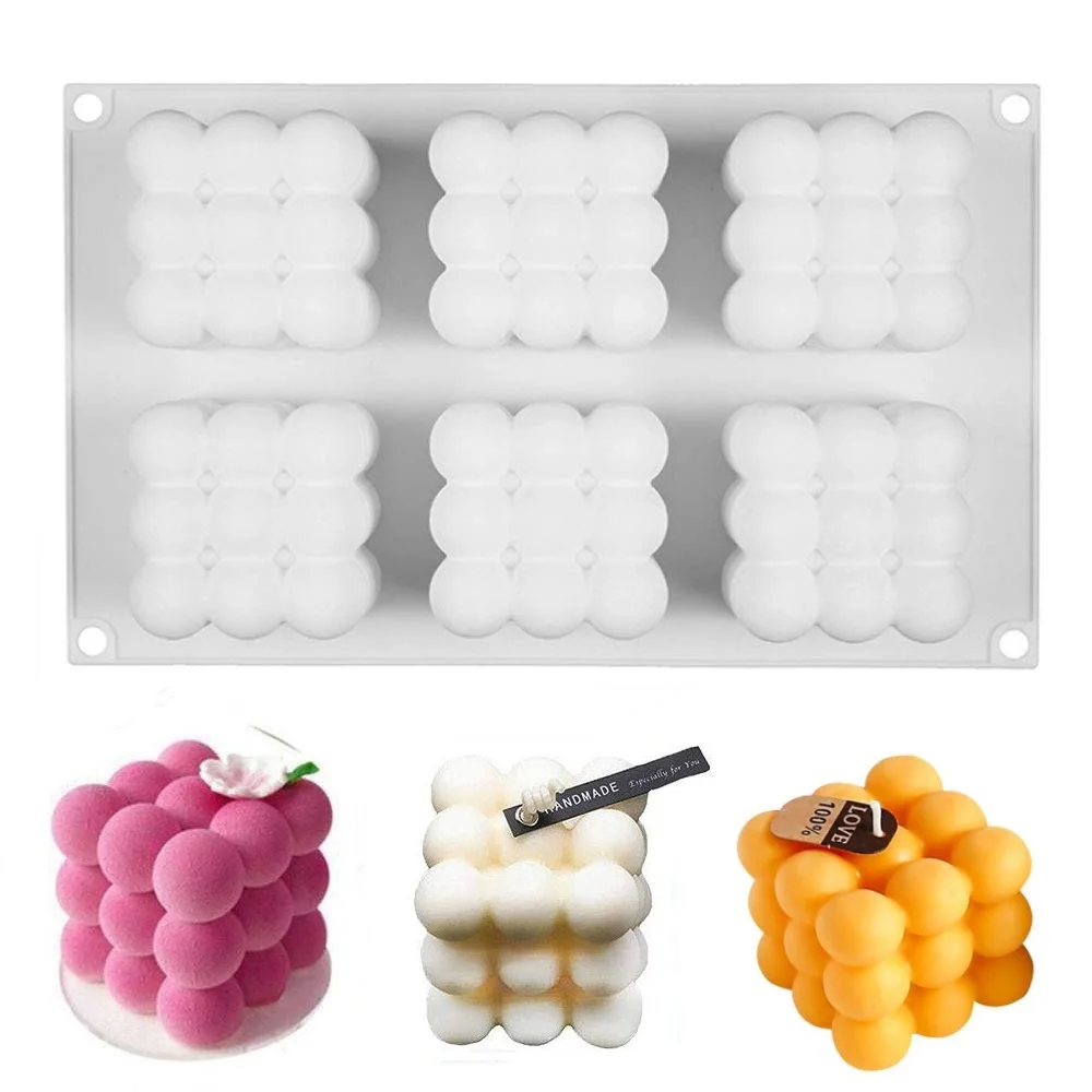 

Fusimai Hot Selling 6-cavity Cube Silicone 3d Bubble 6 Cavity Mould Magic Ball Candle Mold For Mousse Cake, White