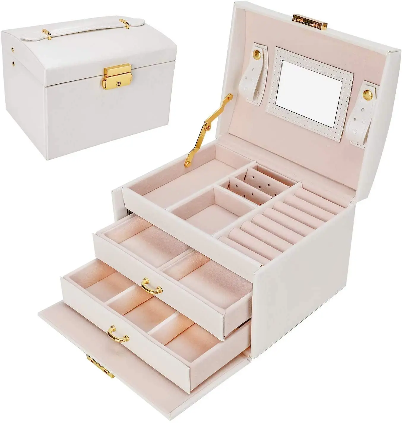 

Jewellery Organiser with 2 Drawers PU Leather Jewelry Storage Box with Mirror and Lock