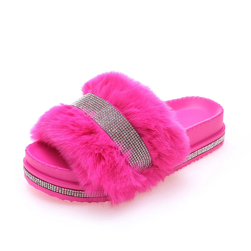 

2020 newest Water-Drill thick soled sandals lady slipper platform plush fur sandals with diamond for women, As pictures