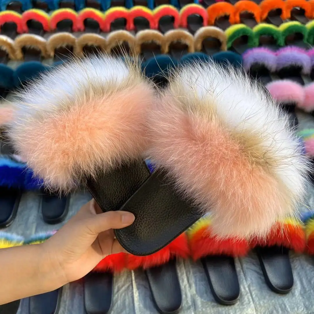 

Latest Custom Designer girl fox fur slides fluffy furry fur slide for women, Customized color