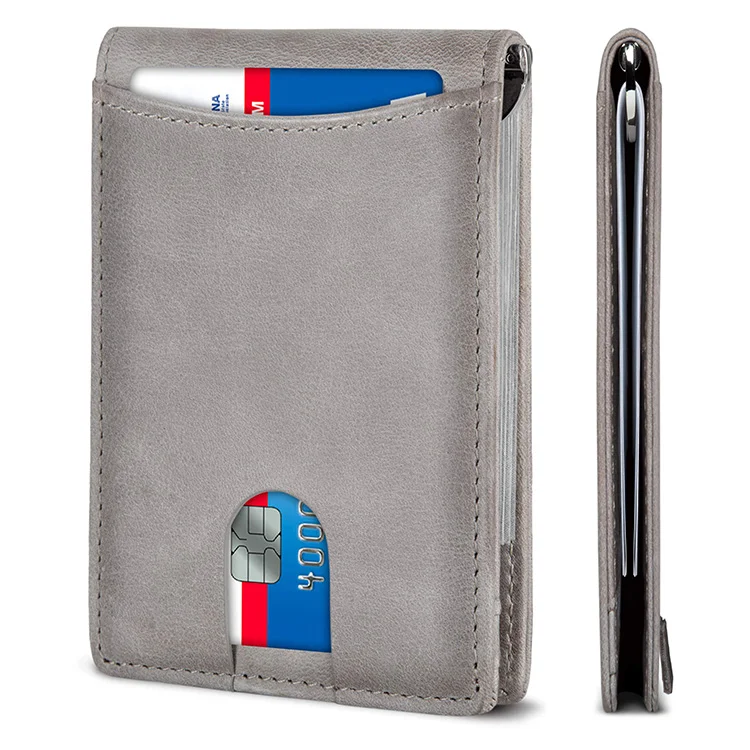 

2021 New Design Bi-fold Pull Smart Strap Card Holder Slot Rfid Customs Logo Print Genuine Leather Money Clip Wallet For Men
