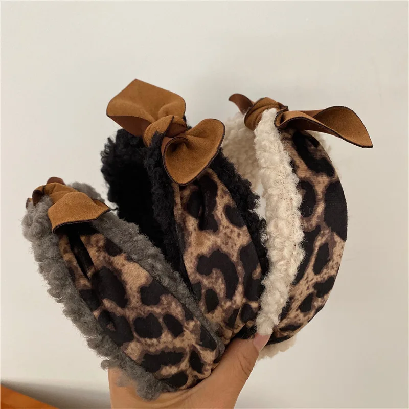 

JUHU 2021 New winter retro plush leopard print bow headband fashion elegant wild headband for women wholesale hair accessories, Colorful