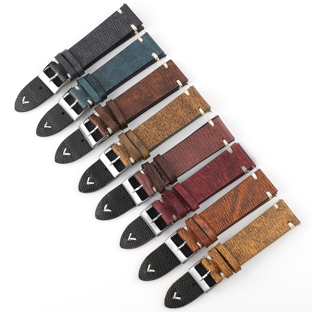 

18/20/22/24mm multi-color 8 colors custom logo vintage genuine cow leather smart wrist watch strap luxury watch band