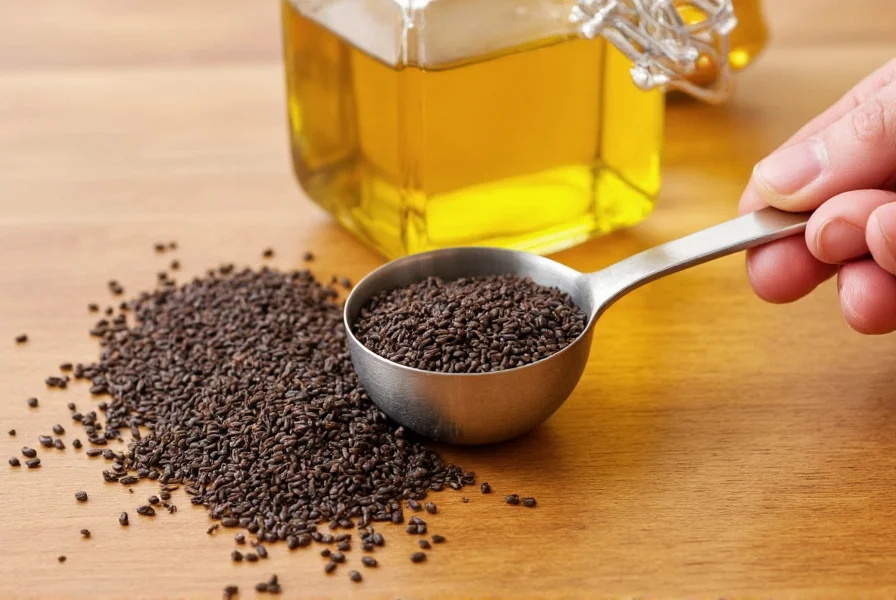 Proper dosage measurement of black cumin seed oil with measuring spoon